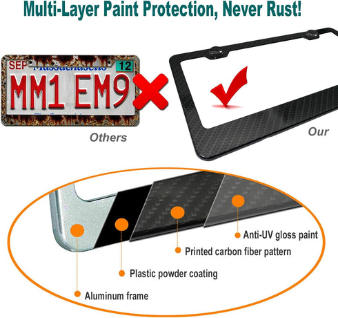 Aootf Carbon Fiber License Plate Frames- Heavy Duty Black Aluminum Car Tag Cover Printed Carbon Patterns, 2 Pack Front & Rear Holders Mount Hardwa...