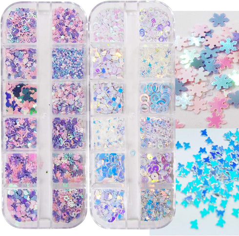 LuckForever 2 Boxes Chunky Glitter Flakes Heart Star Clover Leaf Snowflake Iridescent Blue Glitter Sequins Charms Resin Slime Crafts Nail Art Deco...