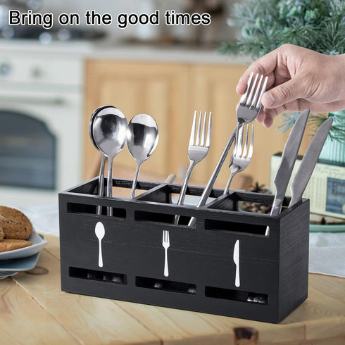Wooden Cutlery Caddy, Black Utensil Holder Silverware Holder for Countertop Spoon and Fork, Flatware Organizer Storage Containers, Cooking Utensil...