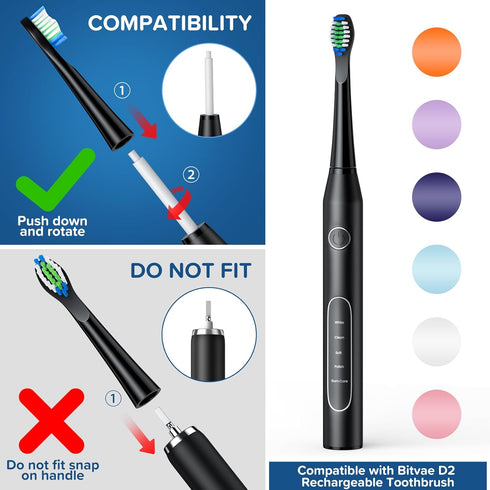 Replacement Toothbrush Heads 10 Pack Compatible with Bitvae Daily D2 Rechargeable Toothbrush, for D2 Toothbrush Heads Refills, Black...