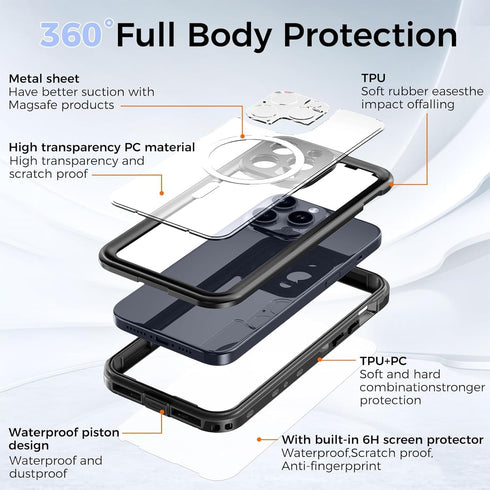 GUSTAVE Magnetic for iPhone 15 Pro Max Waterproof Case Support Wireless Charging Shockproof Dirt-Proof Full-Body Rugged Cover with Built-in Screen...