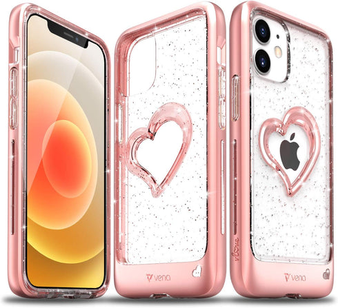 VENA iPhone 12 Mini Glitter Case, vLove (Heart Shape, CornerGuard Protection) Dual Layer Slim Hybrid Clear Bumper Cover Designed for Apple iPhone ...