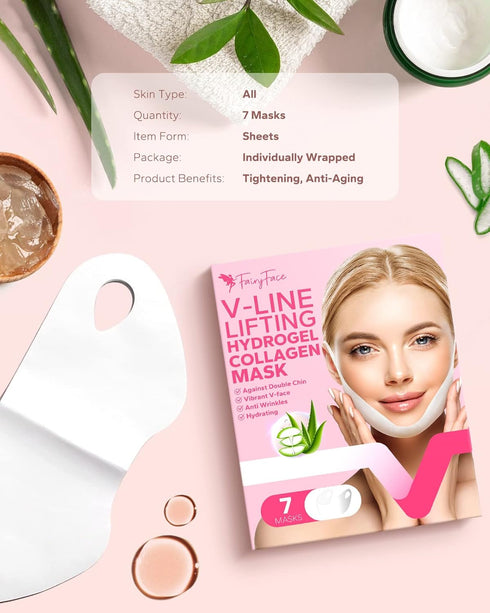 FairyFace V Line Shaping Face Masks (7 Count), Double Chin Reducer, Lifting Hydrogel Collagen Mask with Aloe Vera and Seaweed, Anti-Aging and Anti...