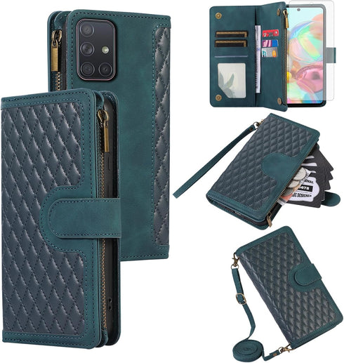 Asuwish Phone Case for Samsung Galaxy A71 5G Wallet Cover with Tempered Glass Screen Protector and Crossbody Wrist Strap Leather Flip Zipper Credi...