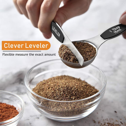 Magnetic Measuring Spoons Set - Wildone Stainless Steel Double Sided Measuring Spoons Set of 7 Black, for Dry & Liquid Ingredients, Including 6 He...