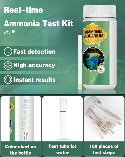Pawfly Aquarium Ammonia Test Strips, 150 Aquarium Test Strips Accurate Ammonia Test Kit with Test Tube Aquarium Water Test Kit for Fish Tank...
