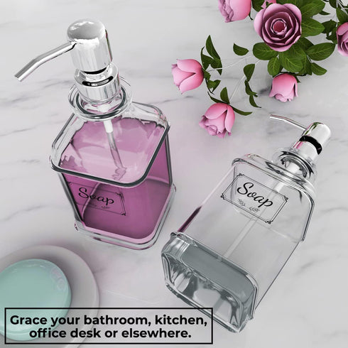 GLADPURE Soap Dispenser - 2 Pack, 18 Oz Antique Design Thick Glass Hand Soap Dispensers; with 304 Rust Proof Stainless Steel Pump, 6Pcs Clear Stic...
