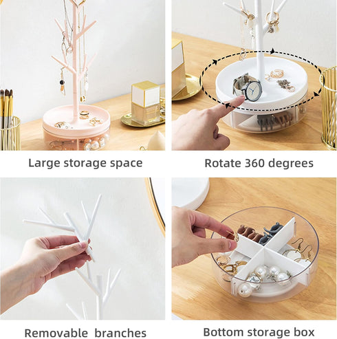 Branch Jewelry Rack With Rotatable Base and Storage Box Tree Tower Rack Hanging Organizer for Ring Earrings Necklace Bracelet,Suitable for living ...