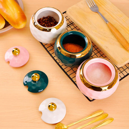 WHJY Ceramic Sugar Bowl with Lid and Spoon, Golf Design Porcelain Salt Bowl Salt Container, Modern Spice Box Seasoning Jar for Home and Kitchen Co...