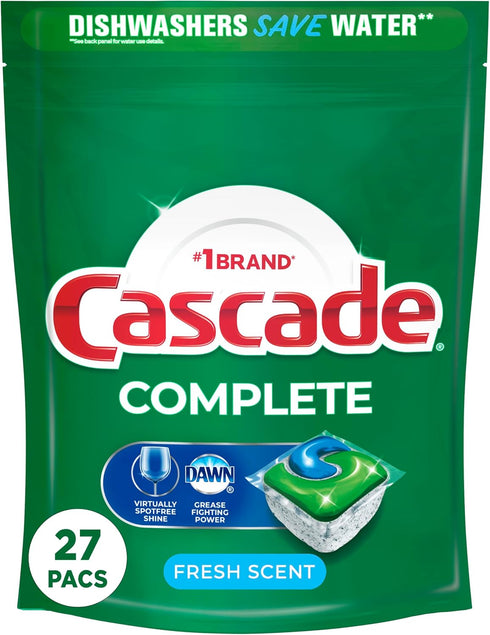 Cascade Complete ActionPacs, Dishwasher Detergent Pods, Fresh, 27 Count...