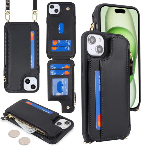 Cavor for iPhone 15 Case with Card Holder,iPhone 15 Wallet Case for Women,Phone Case iPhone 15 Case with Strap,Crossbody Lanyard and Wristlet,Leat...