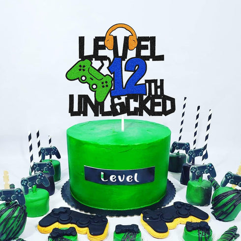 Level 12th Unlocked Cake Topper, Happy 12th Birthday Level Up Cake Decoration, Video Game Controller Play Game Theme, Boy’s Twelfth Birthday Party...