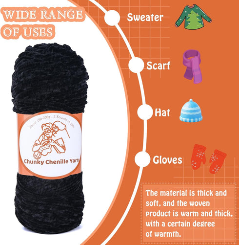 Chunky Chenille Yarn(7OZ/200G), 3 Strands of Yarn Soft Chenille Velvet Yarn for Crocheting Knitting Thick Blanket Yarn for Shoe Hat Clothing Cushi...