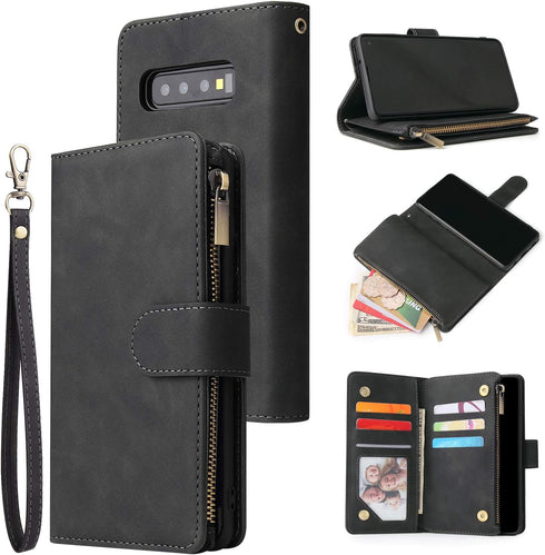 UEEBAI Wallet Case for Samsung Galaxy S10 Plus, PU Leather Wallet Magnetic Closure Handbag Zipper Pocket Cover Kickstand Card Slots with Hand Stra...