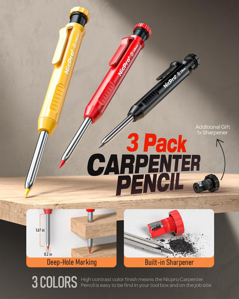Nicpro 3 Pack Carpenter Pencil with Sharpener, Mechanical Carpenter Pencils with 39 Refills, Deep Hole Marker Construction Heavy Duty Woodworking ...