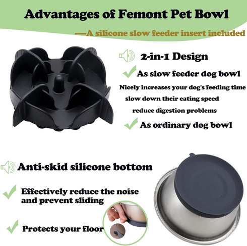 2-in-1 Slow Feeder Dog Bowl with Anti-Slip Silicone Base, 50.7oz, Stainless Steel, for Small to Medium Dogs...