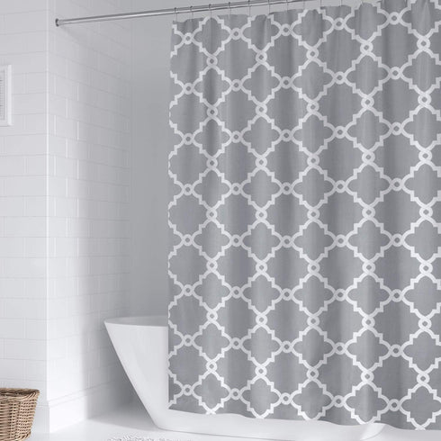 WELTRXE Moroccan Fabric Shower Curtain with Hooks, Waterproof Polyester Geometric Pattern Bathroom Curtains, Machine Washable, 72 x 72 inches, Gra...