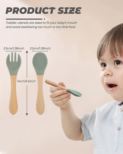 10 Pieces Bamboo Baby Spoons & Baby Forks Set, Chewable Baby Utensils for Self-Feeding, Bamboo and Silicone Baby Utensils, Kids Utensils for Over ...
