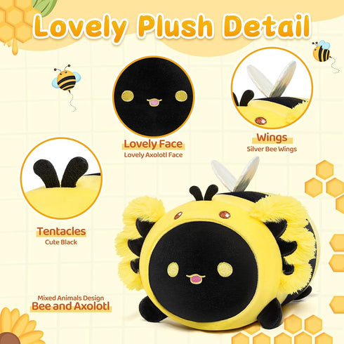 Cute Black Axolotl Bee Plush, Kawaii Plushies Honeybee Stuffed Toy, Axolotl Plushie with Bee Outfit Costume, Animal Hugging Cuddly Pillow, Soft Sq...