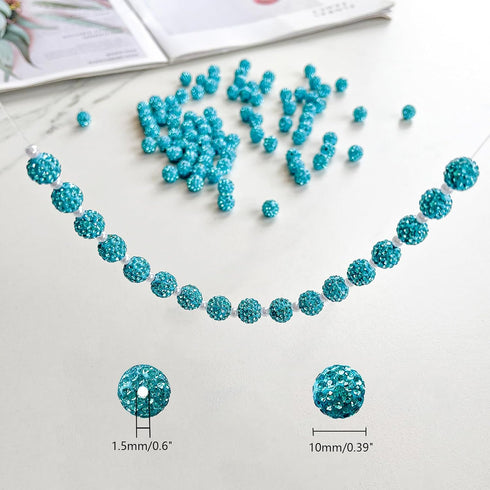 100PCS Rhinestones Beads 10mm Aquamarine Pave Disco Ball Clay Beads Polymer Clay Rhinestone Beads Crystal Diamond Beads for Bracelet Necklace Earr...