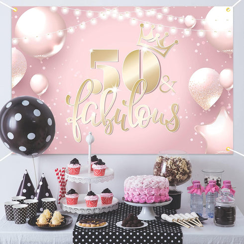 50 and Fabulous Backdrop Banner Happy 50th Birthday Background Decorations Fifty for Women Her Anniversary Photography Party Supplies Rose Gold, P...