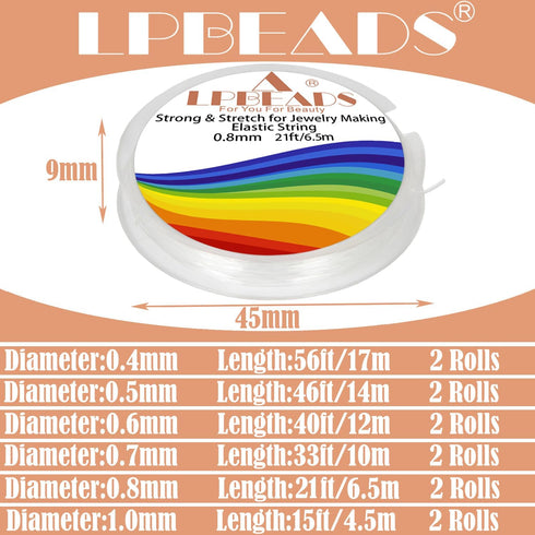 Elastic Bracelet String Cord, LPBeads 12 Rolls 6 Different Sizes Crystal Clear Stretchy Elastic Bead String for Bracelets, Jewelry Making and Clay...