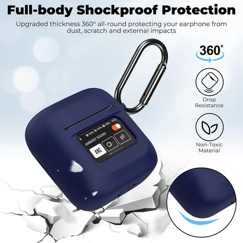 Case Cover for JBL Tour Pro 2, Dark Blue Silicone Protective Shockproof Earbuds Case with Keychain, 2023 Compatible, LCD Touch Screen Visible, Wat...