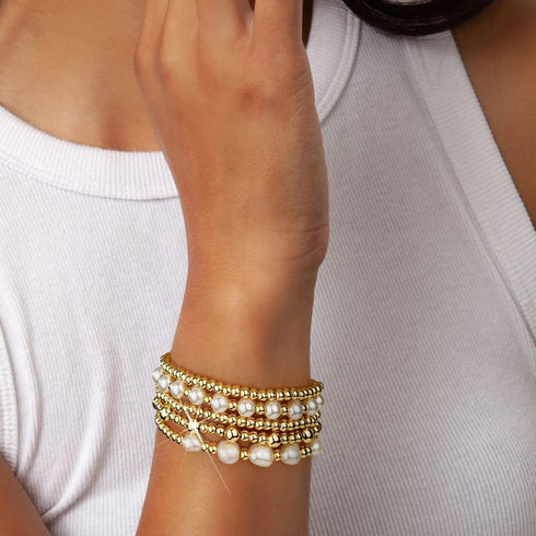 adoyi Gold Bracelets for Women Beaded Bracelet 14K Gold Plated Bracelet Stack Strand Stretch Bead Ball Bracelet Set Stackable Bracelet Adjustable ...