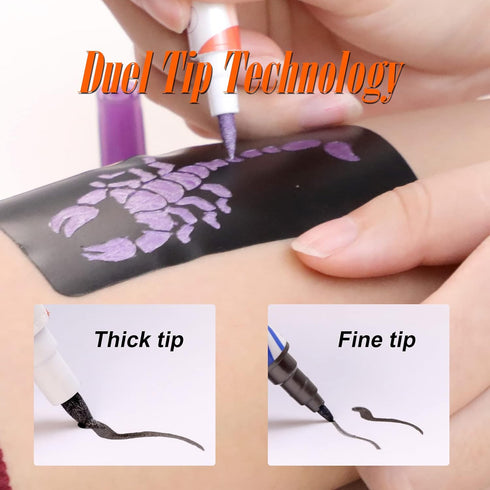 HAWINK Temporary Tattoo Markers for Skin, 10 Body Markers + 56 Large Tattoo Stencils for Kids and Adults, Dual-End Tattoo Pens Make Bold and Fine ...