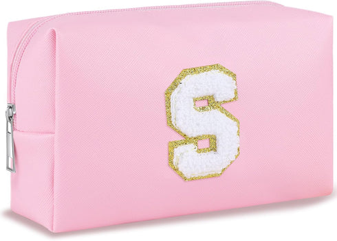 Patch Makeup Bag Travel Small Cosmetic Bag Pink PU Makeup Pouch Zippered Personalized Preppy Initial Skin Care Stuff Bag for Women Birthday Gift T...