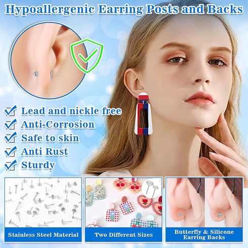 Jewelry Glue with Earring Posts,1002Pcs Stainless Steel Earring Posts with Butterfly and Rubber Earring Backs, Hypoallergenic Stud Earring Posts w...