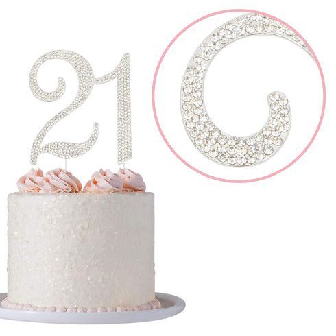 21 Cake Topper - Premium Silver Metal - 21st Birthday Party Sparkly Rhinestone Decoration Makes a Great Centerpiece - Now Protected in a Box...