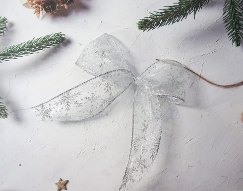 CT CRAFT LLC Organza with Silver Glitter Snowflakes Wired Ribbon 2.5 inch x 50 Yards for Christmas Home Decor Tree Topper Bow Gift Wrapping DIY Cr...