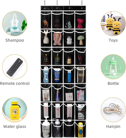 28 Pockets Over the Door Shoe Organzier, Hanging Shoe Organizer for Door Large Capacity Shoe Storage Bag with 4 Metal Hooks (Black-1Pack)...