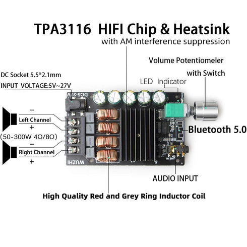 ZK-1002 Bluetooth Amplifier Board with TPA3116D2 Chip Bluetooth and AUX Input DC: 5-24V...