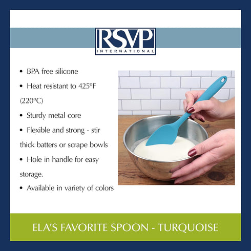 RSVP International Ela's Favorite Silicone Spatula Spoon, Turquoise, 11" | BPA-Free Silicone | Mix Thick Batters, Scrape Sauces, Stir Pasta, & Mor...