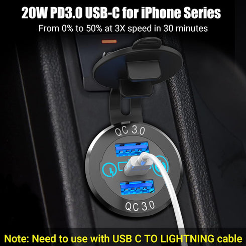 12V USB C Car Charger Socket 2 Pack, Qidoe 56W Aluminum Socket 12V USB Outlet 20W PD3.0 USB-C and Dual QC3.0 Ports with Touch Switch Waterproof DI...