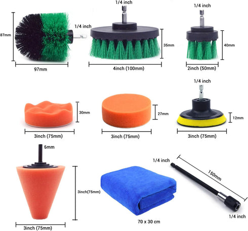Multipurpose Drill Brush Scrubber Cleaning Set for Car Wheels, Car Seats, Car Carpet Medium Stiff Brushes, Car Wave Polishing Sponge, Wheels Tiles...