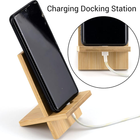 IFAMIO 2 Pack Bamboo Cell Phone Stand Wooden Phone Holder Tablet Desk Stand with Charging Hole Portable Phone Table Stand Desk Organizer Compatibl...