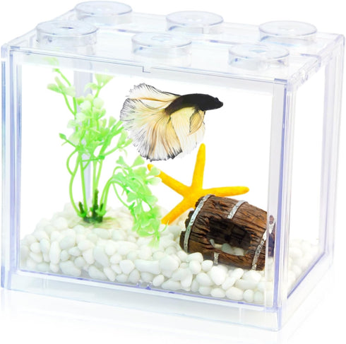 Small Betta Fish Tank, Stackable Mini Fish Tank Tiny Aquarium Tank Kit with Aquarium Gravel & Resin decorations, 0.6 Gallon Cube Desktop Fishbowl ...