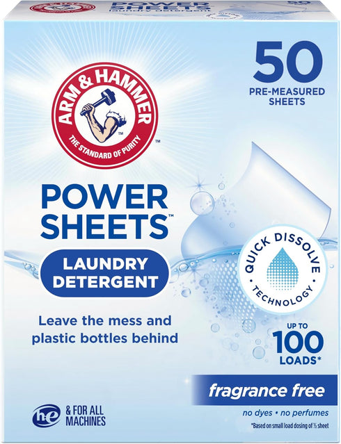 Arm & Hammer Power Sheets Laundry Detergent, Fragrance Free 50ct, 50 loads...