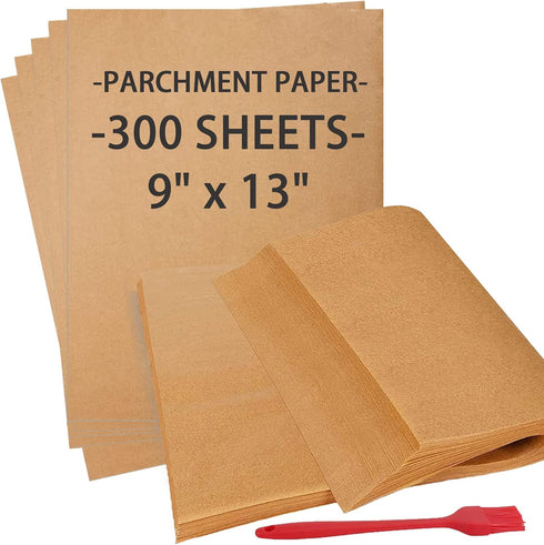 300 PCS Parchment Paper Sheets, YULEER 9x13 Inches Non-Stick Precut Baking Parchment with Silicone Brush, Unbleached Baking Sheets, Half Sheet for...