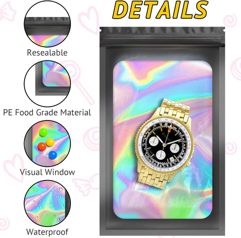 100 PCS Smell Proof Bag, Holographic Bags Packaging Bags for Small Business, Foil Freshies Bags for Food Storage, Sample Bags Resealable Bags for ...