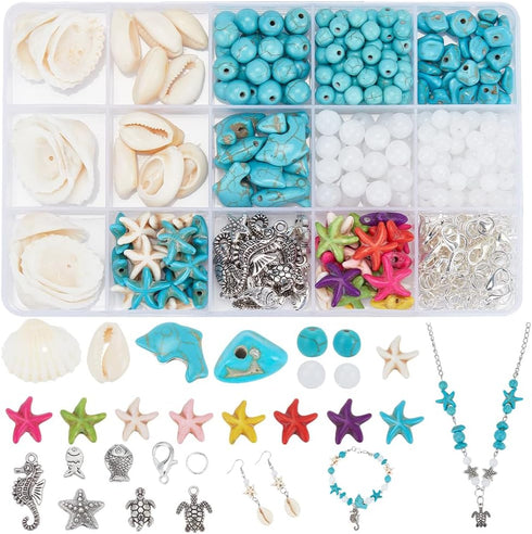 PH PandaHall 406pcs Ocean Jewelry Making Kit Starfish Seashell Beads Synthetic Turquoise Beads Tortoise Fish Beads Cowrie Shell Beads for Summer B...