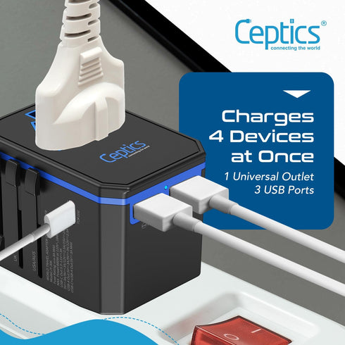Ceptics Universal Travel Plug Adapter - Powerful 33W with PD & QC 3.0 USB-C Fast Charging - 2 USB Ports Wall Charger Type I C G A Outlets 110V 220...