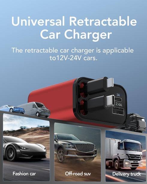 HATALKIN Retractable Car Charger 4 in 1, 69W Fast Car Phone Charger, 2 Retractable Cables and USB C Car Charger, Car Charger Adapter for iPhone 16...