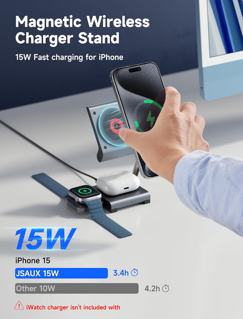 JSAUX 2-in-1 Wireless Charging Station, 15W Magsafe Charger Foldable Metal Magnetic Charger Stand Compatible with iPhone 15/15 Pro Max/14 13 AirPo...