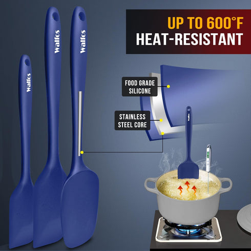 Walfos Silicone Spatula Set (5pcs) - 600? High Heat Resistant Kitchen Spoon Navy Blue Spatulas for Cooking Mixing & Baking, Strong Steel Core and ...