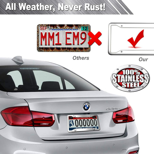Aootf Stainless Steel License Plate Frames- Heavy Duty Polish Mirror Silver Car Tag Cover with Chrome Screw Caps, 4 Hole 2 Pack Front & Rear Holde...