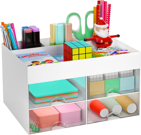 Desk Organizer and Accessories with 4 Compartments and 4 Drawers, Plastic Makeup Organizer, Pen Holder for Desktop Storage, Desk Organization for ...